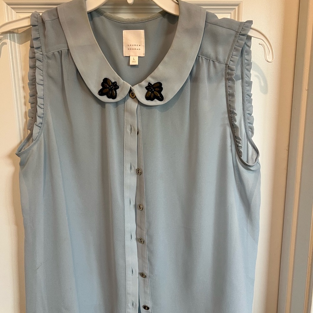 LC Lauren Conrad Light Blue Sleeveless Blouse with Beaded Collar and Gold Button